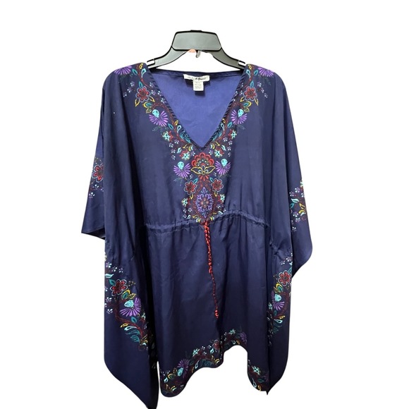 Gaby & Gracie Embroidered Floral Caftan Cover Up Blouse Bohemian Festival VTG - Picture 1 of 11
